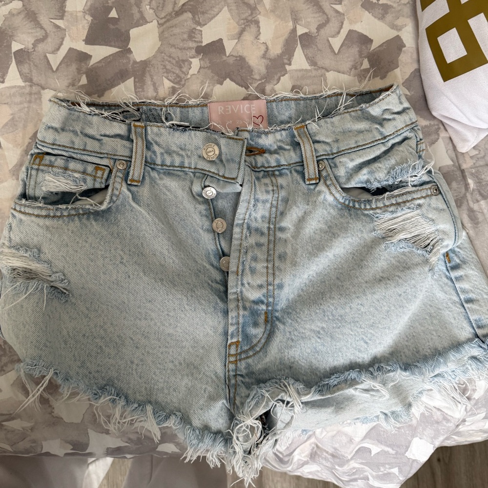 Revice Light Blue Distressed Denim Shorts